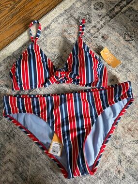 Kona Sol Red & Navy Striped Bikini Set